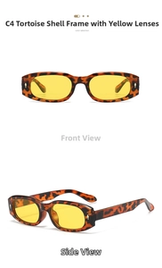 Detail view of tortoiseshell rectangle sunglasses with yellow lenses and metal rivets