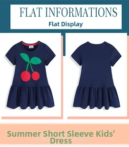 Detailed flat lay of navy blue short sleeve girls knit dress with cherry embroidery