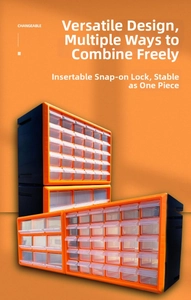 Close-up of modular interlocking drawers with stable snap-in connectors and orange frames