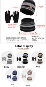 Detailed size chart and multi-color options for kids' winter knit hat scarf glove set