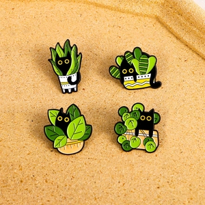 Cute Black Cat Enamel Pin Brooch Alloy Cartoon Potted Plant Cactus Animal Badge Jewelry For Backpacks Clothing Accessories