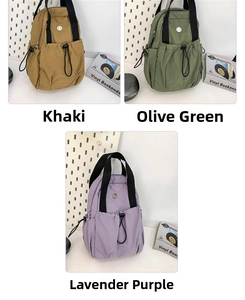 Nylon lightweight backpacks in khaki, olive green, and purple with drawstring side pockets
