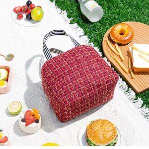 Detail of red tweed insulated lunch bag with striped handle on a picnic blanket