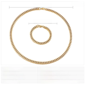 Detailed view of two-tone stainless steel Cuban chain necklace and bracelet set with dimensions