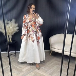 Women V Neck Floral Print Maxi Dress Long Lantern Sleeve High Waist Bohemian Style Polyester Pleated Vacation Dress