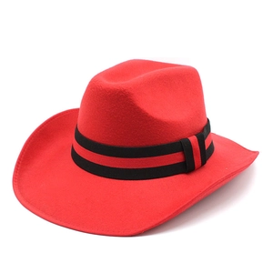 Classic red wool felt fedora with stylish black and red striped ribbon band