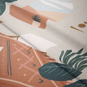 Detail of bohemian tapestry fabric showing soft velvet texture and warm morandi geometric art
