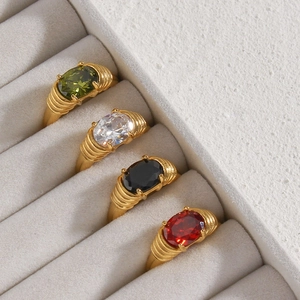 Vintage style 18K gold plated stainless steel rings set with colorful oval gemstones