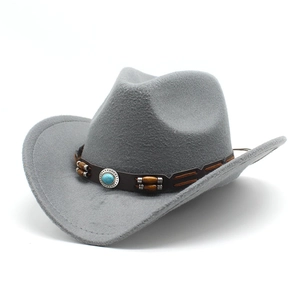 Close-up of gray wool cowboy hat featuring a leather band with turquoise and wood beads