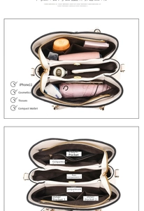 Detailed view of the multi-compartment interior and storage capacity of the handbag