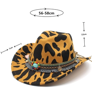 Detailed size chart for leopard print cowboy hat with bead trim and turquoise stone