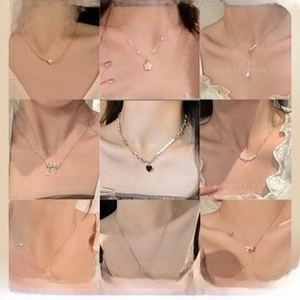 Collage of fashion necklaces including pearls, hearts, and butterfly pendants on neck