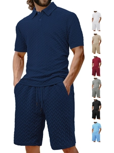 Detail of waffle knit fabric texture and color options for men's summer two-piece sets