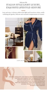 Detail of navy blue silk satin robe featuring contrast white piping and waist tie closure
