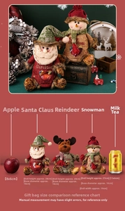 Size comparison of Santa and snowman gift bags with dimensions and soda can reference
