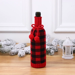 Housse de bouteille de vin en tricot à carreaux rouges et noirs pour Noël