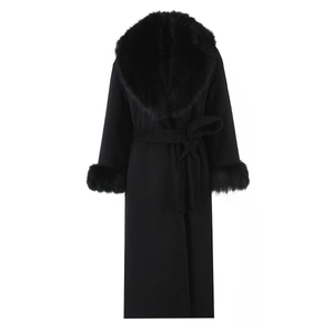 Women Elegant Long Woolen Coat With Faux Fur Collar And Cuffs Belted Single Breasted Winter Fashion Casual Jacket