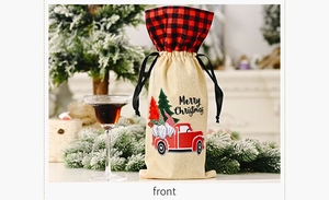 Linen Christmas wine bottle cover with gnome car print and Merry Christmas text