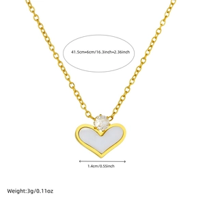 Gold plated stainless steel necklace with white shell heart pendant and size specs