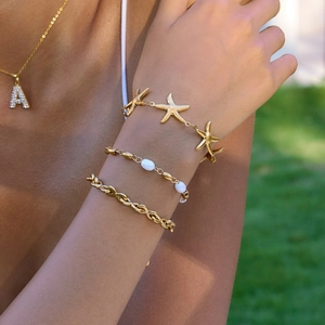 French vintage starfish bracelets and rhinestone letter necklace set for women