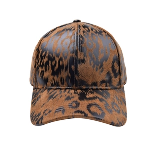 Detail of leopard print baseball cap featuring textured suede and patterned panels