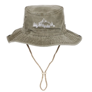 Chapeau de soleil olive avec broderie de montagne et cordon coupe-vent réglable