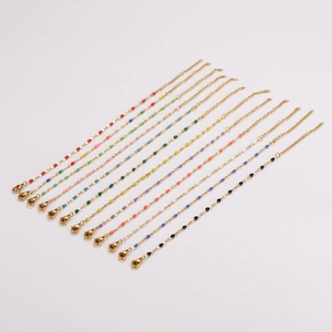 Set of 12 colorful enamel bead chains in gold-plated alloy with adjustable lobster clasps