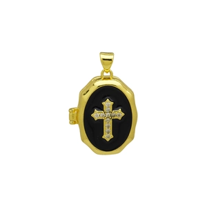 Pendentif médaillon cœur doré avec incrustation ovale noire et motif de croix diamantée