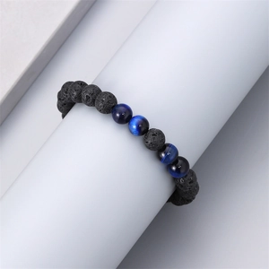 Bracelet pour hommes en perles de 8mm avec pierres de lave noire et oeil de tigre bleu