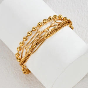 Three-layer 18K gold plated stainless steel bracelet with oval link and bead chains