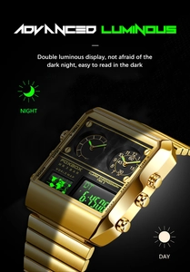 Luminous dual display digital watch featuring world map dial and gold metal square case