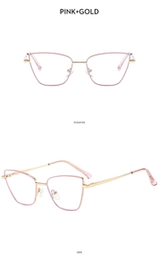 Pink and gold metal cat eye glasses frame showing front and 45-degree side views
