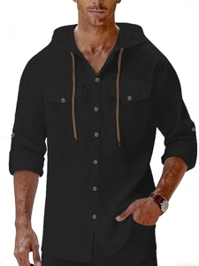 Detail of men's black linen hooded shirt featuring chest pockets and contrast drawstrings