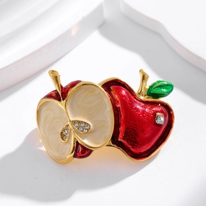 Vintage Christmas enamel apple brooch with red and white fruit and crystal accents