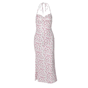Detailed view of white and pink floral pattern on a halter neck sleeveless maxi dress
