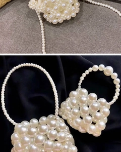 Detail of handmade woven pearl evening bag featuring high-luster beads and elegant handle