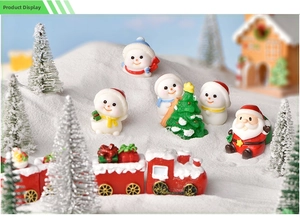 Detailed view of resin Christmas miniatures with snowmen and gift train on snow