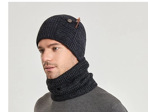 Detailed knit texture and button decor on winter hat and neck warmer set for men