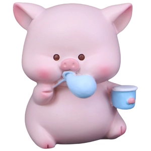 Cute pink resin piggy figurine blowing blue bubbles for car dashboard and desk decor