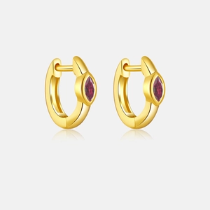 Detailed view of S925 silver gold-plated hoop earrings with red marquise stone inlay