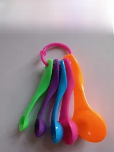Detailed view of 5-piece colorful plastic measuring spoons with double scale and hanging ring