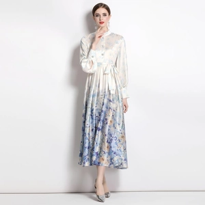 Blue and white floral satin midi dress with lantern sleeves and mandarin collar