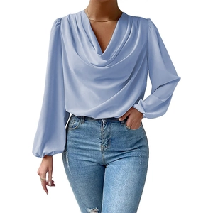Women's light blue chiffon V-neck blouse with draped cowl neck and lantern sleeves