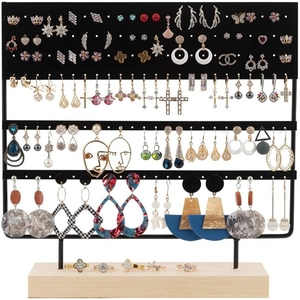 Black metal 144-hole earring stand with a removable wooden base for jewelry storage