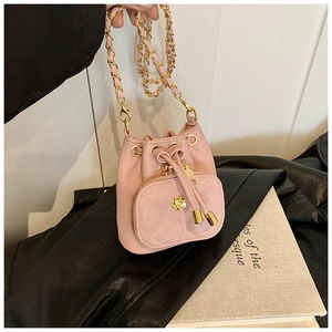 Pink PU leather quilted mini bucket bag with gold chain strap and floral metal buckle detail