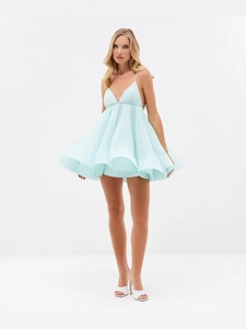 Sexy light blue V-neck spaghetti strap babydoll mini dress with ruffled tiered hem