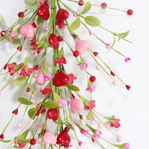 60cm Valentines day decorative vine with red heart berries pink flowers and green leaves
