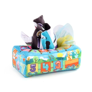 Educational baby tissue box toy with sensory scarves and crinkle paper fire truck design