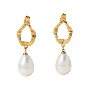 Elegant gold stainless steel earrings with irregular texture and pearl drop pendant