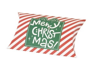 Detail of a red and white striped Christmas pillow candy box with Merry Christmas text